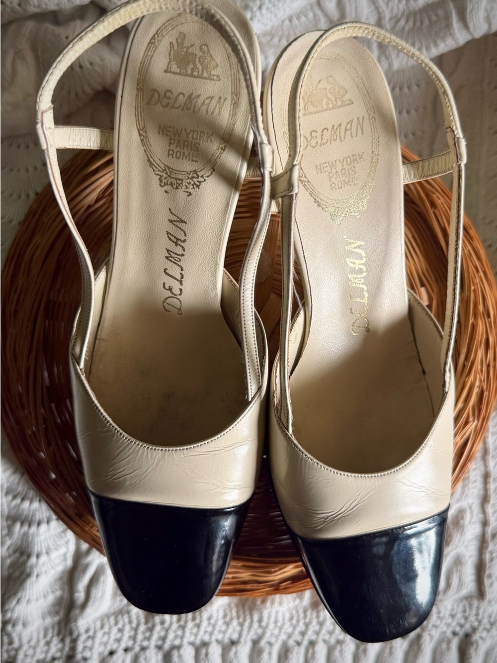 Delman Cream and Black Square-Toe Slingback Pumps